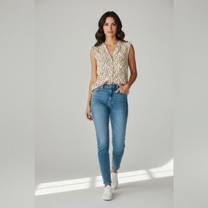 J. Jill Button Front Sleeveless Sheer Geo Print Blouse Multi Color Size Small